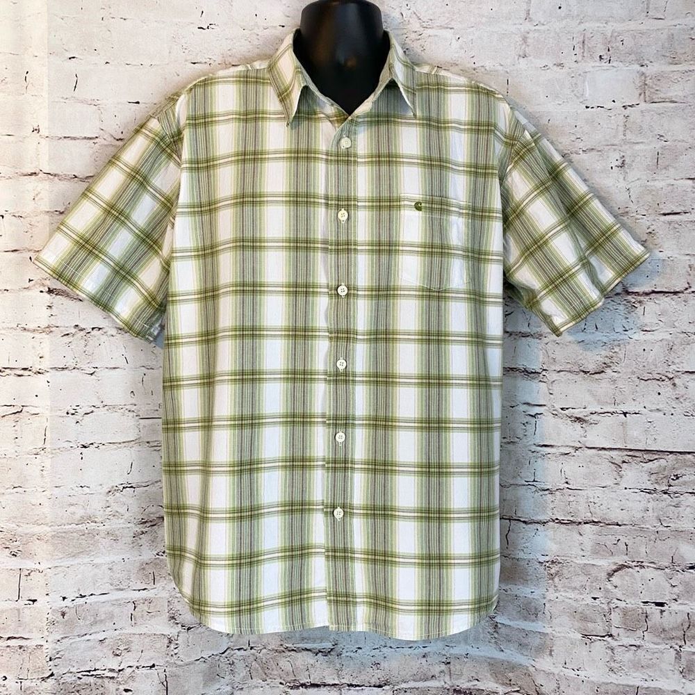 Carhartt Mens Button Down Shirt Plaid Short Sleeve Pocket 100% Cotton Green XL